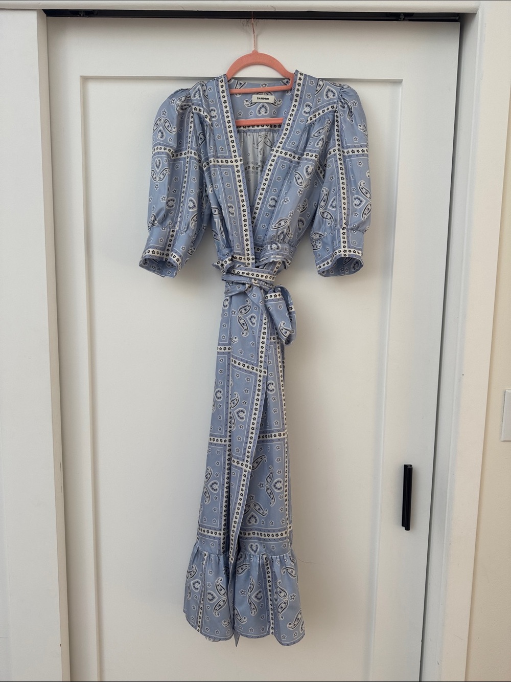 Sandro 100% Silk Light Blue Paisley  Wrap Maxi Dress